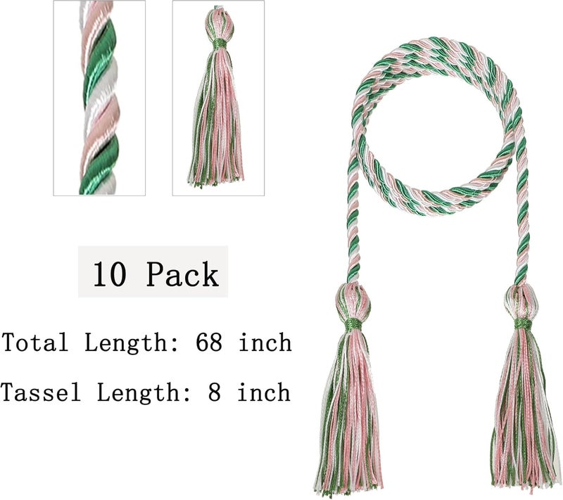 D DODOU 10 Pieces Graduation Cords Polyester Graduation Honor Braided Cords with Sewing Tassels for Bachelor, Master, Doctor 68" Long (Pink White Emerald Green) - Image 3